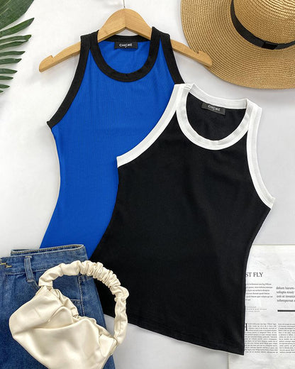 Contrast Binding Tank Tops Summer Sleeveless Basic Cami Top Shirt Slim Knit Ribbed Racerback Blouses