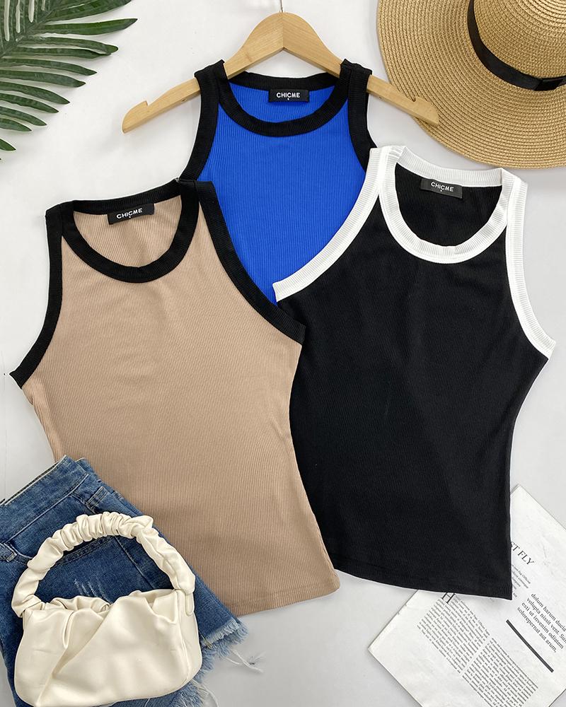 Contrast Binding Tank Tops Summer Sleeveless Basic Cami Top Shirt Slim Knit Ribbed Racerback Blouses