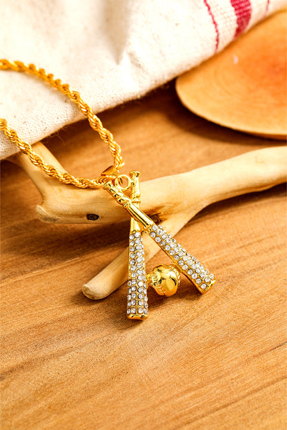 Gold Rhinestone Baseball Pendant Plated Alloy Chain Necklace