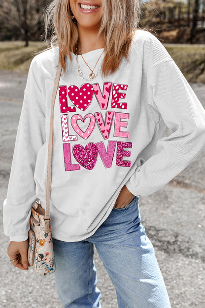 White Heart LOVE Graphic Corded Valentines Pullover Sweatshirt