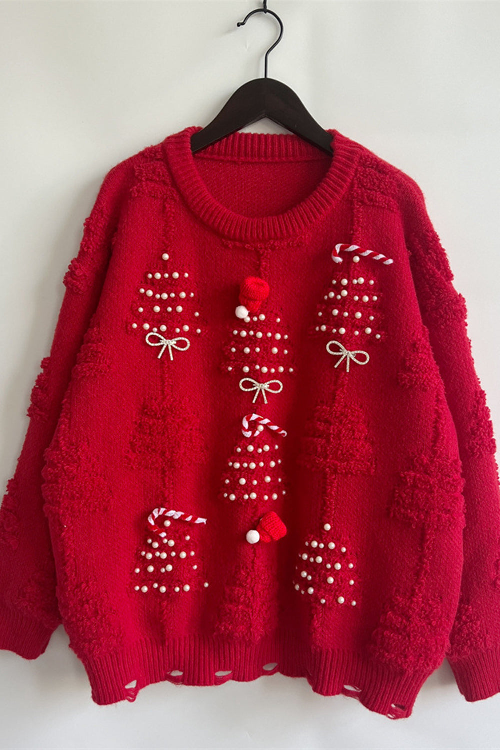 Racing Red Rhinestone Bow Pearl Decor Christmas Tree Round Neck Sweater