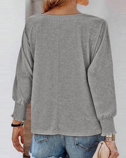 Round Neck Shirred Lantern Sleeve Long Sleeve Softy Basic T Shirt Casual Tee