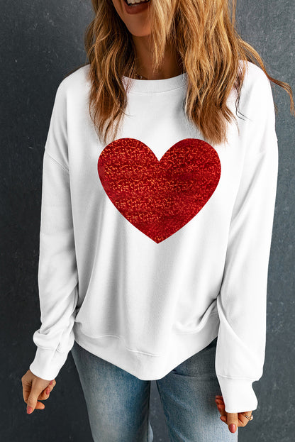 Beige Glitter Valentine Heart Shape Graphic Sweatshirt