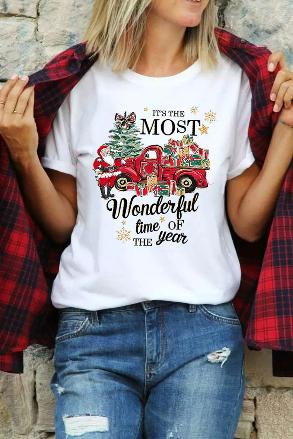 White Christmas Pattern Slogan Print Crew Neck T Shirt