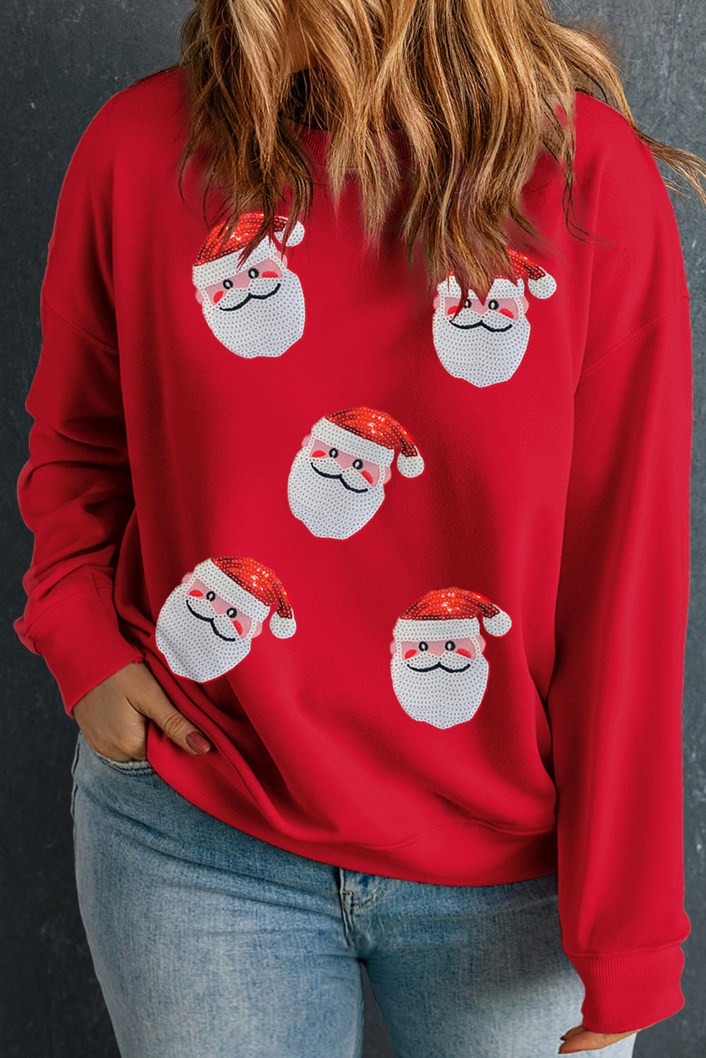 Racing Red Santa Claus Graphic Drop Shoulder Plus Size Christmas Sweatshirt