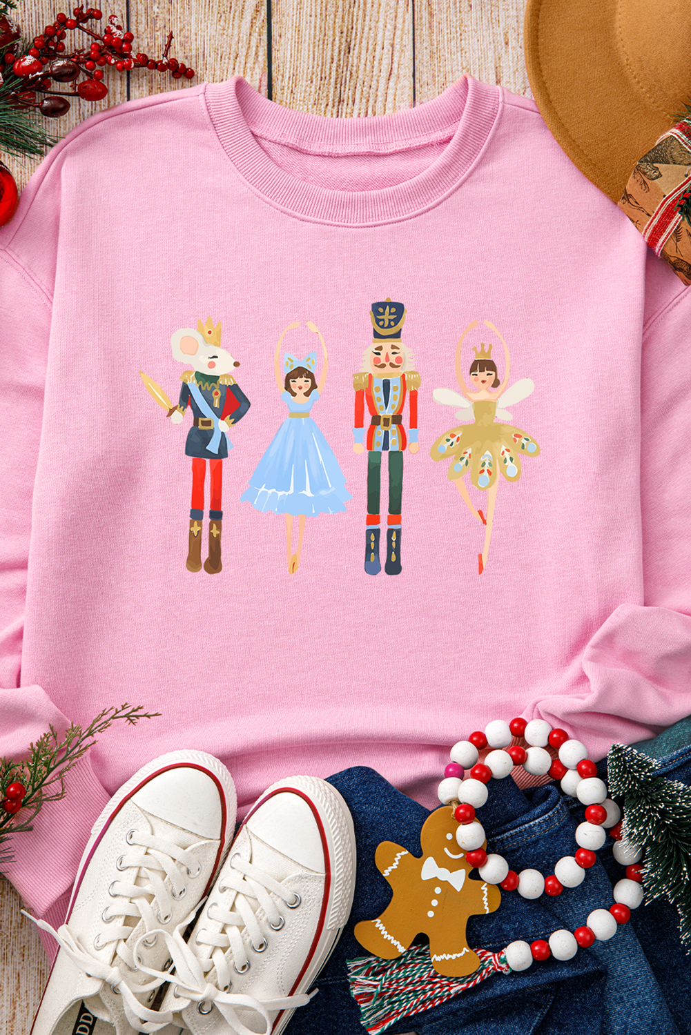 Pink Christmas Nutcracker Fairy Printed Pullover Sweatshirt