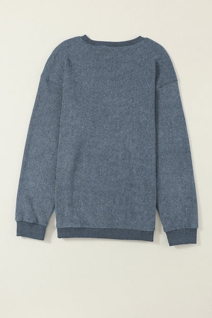 Blue Solid Ribbed Knit Round Neck Pullover Sweatshirt