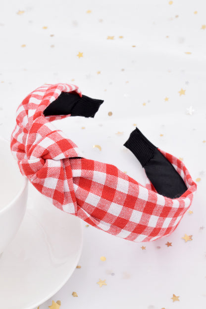 Fiery Red Plaid Print Knotted Wide Headband