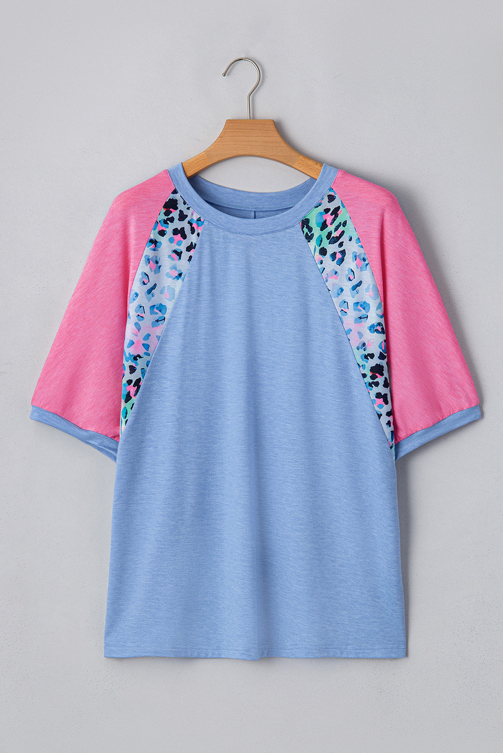 Sky Blue Leopard Print Patch Colorblock Plus Size T Shirt