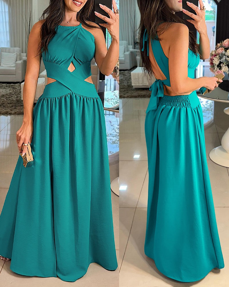 Halter Sleeveless Tied Detail Shirred Criss Cross Flared Dress Glamorous Evening Dress