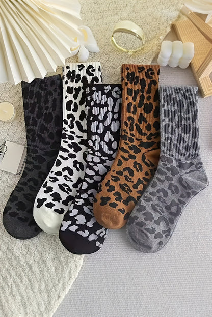 Chestnut Leopard Print Ribbed Crew Socks