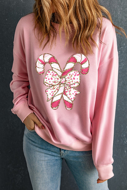 Pink Christmas Bow Candy Cane Graphic Drop Shoulder Crew Neck Sweatshirt