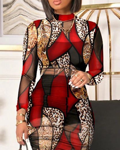 2 Piece Leopard Print Mock Neck Long Sleeve Mid Calf Dress Sheer Mesh Party Dress with Short Pants