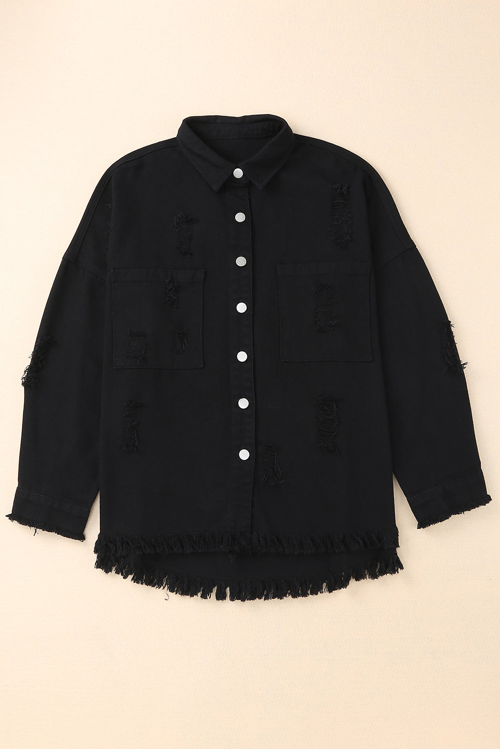 Black Distressed Fringe Trim Denim Jacket