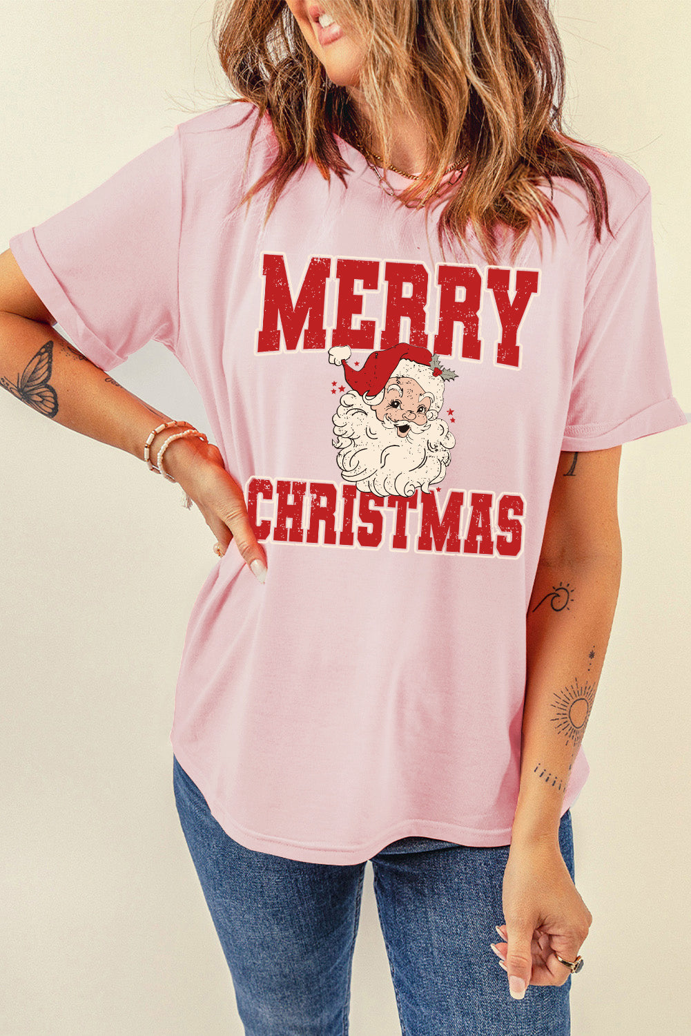 Pink MERRY CHRISTMAS Santa Claus Printed T Shirt