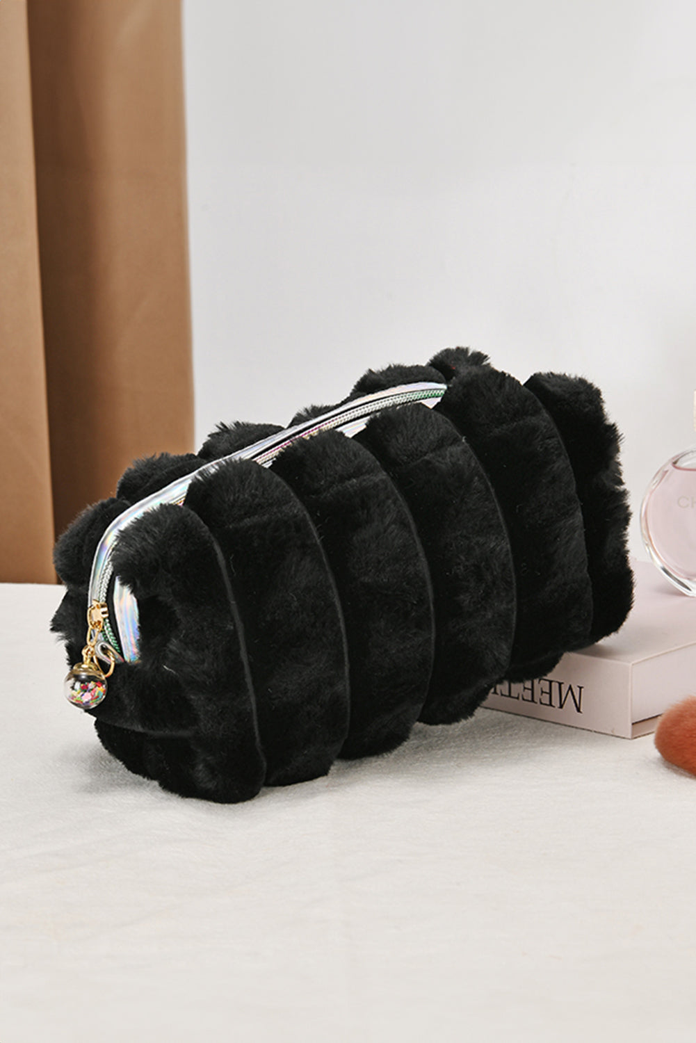 Black Fluffy Zipper Large Makeup Bag