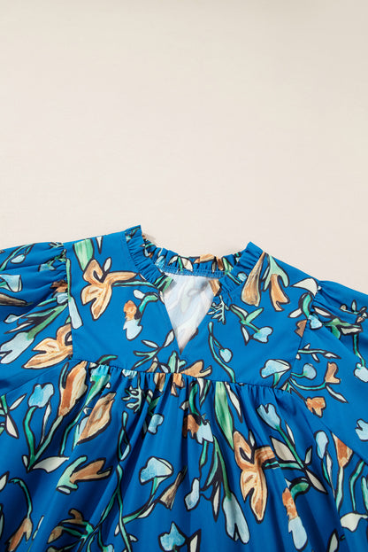 Blue Floral Notched V Neck Half Sleeve Plus Size Blouse