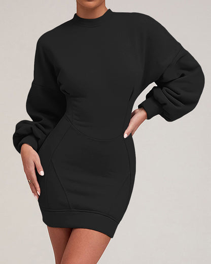 O neck Lantern Sleeve Mini Bodycon Sweatshirt Dress