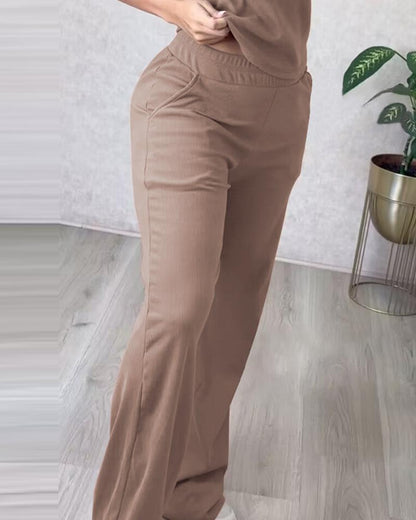 O neck Sleeveless Ribbed Top & Pocket Design Pants Set