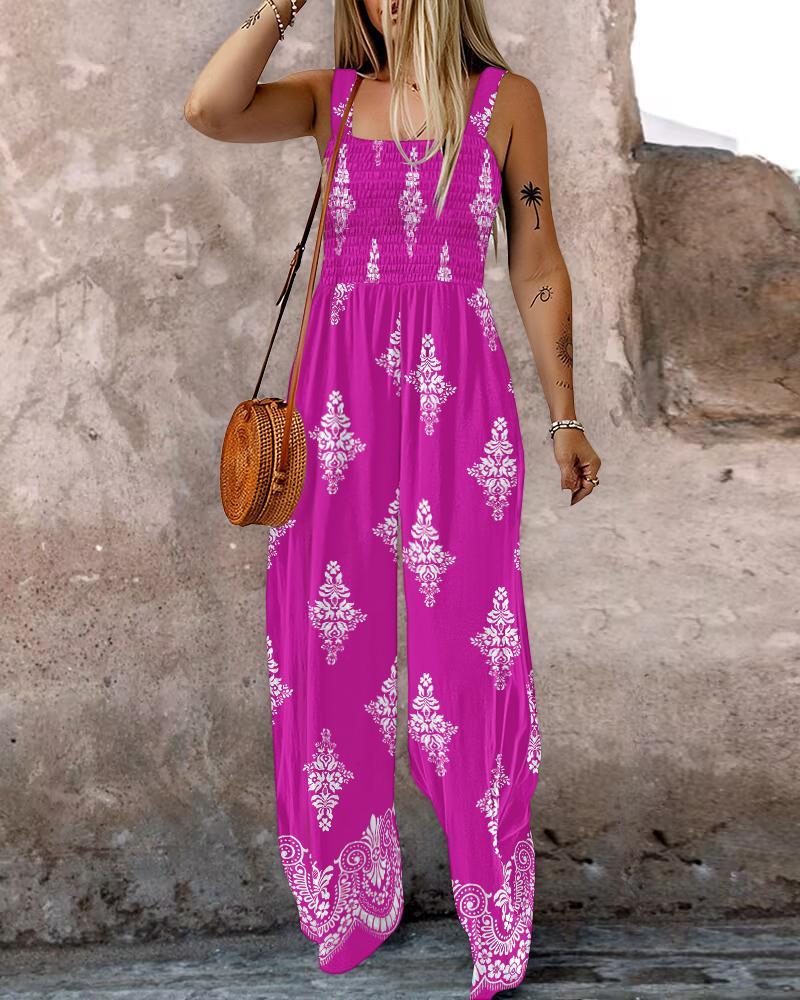 Graphic Print Square Neck Thick Strap Shirred Jumpsuit Wide Leg Overalls with Pockets