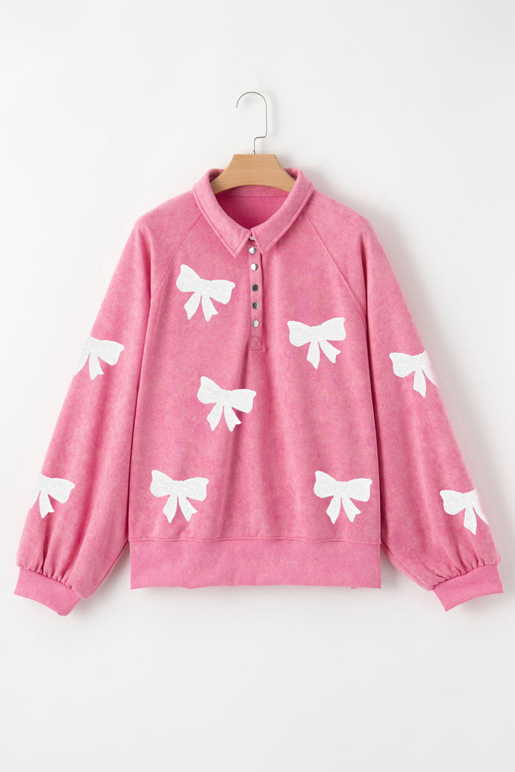 Pink Bow Pattern Snap Buttons Collared Pullover Sweatshirt