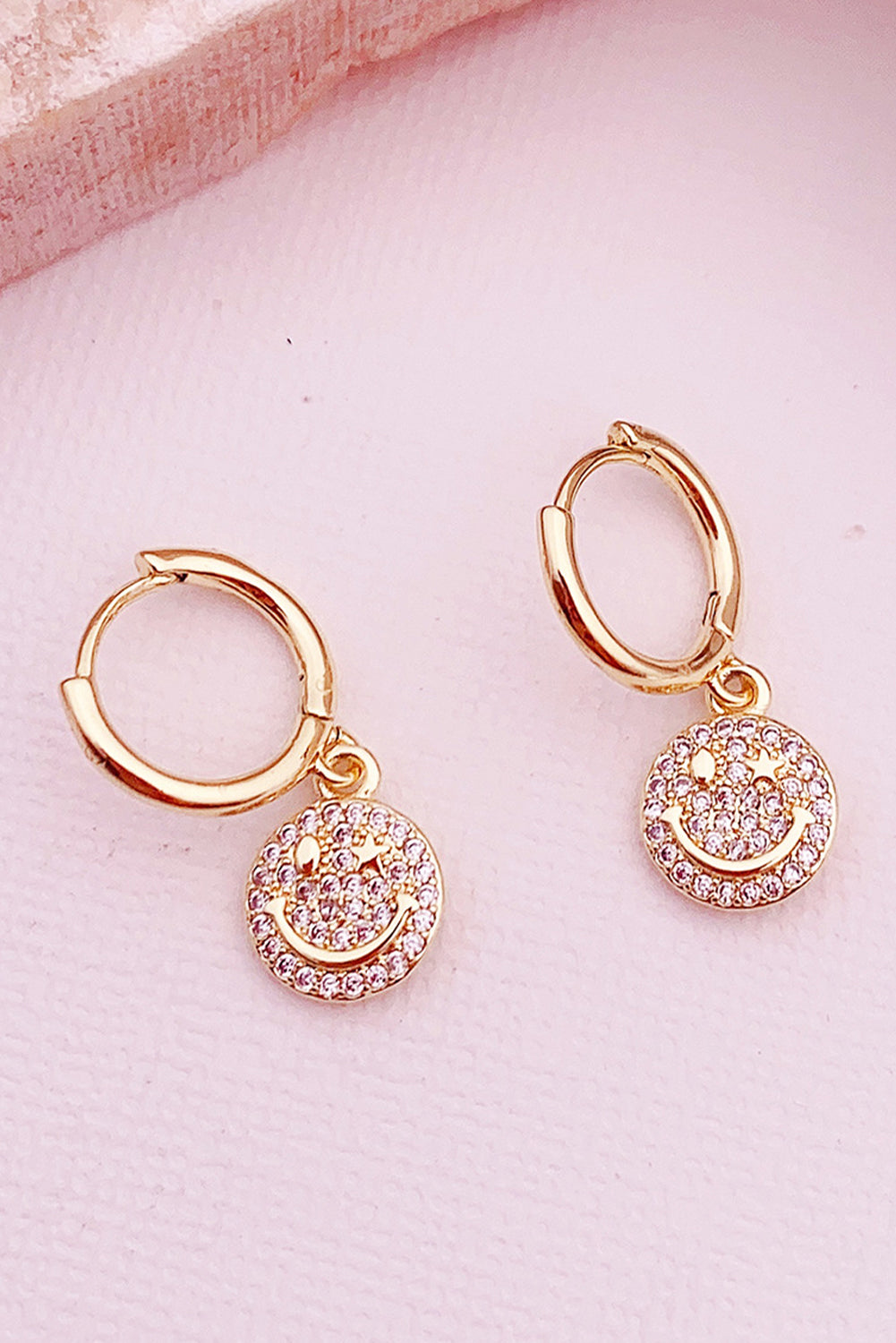 Gold Rhinestone Smiley Face Plated Hook Earrings