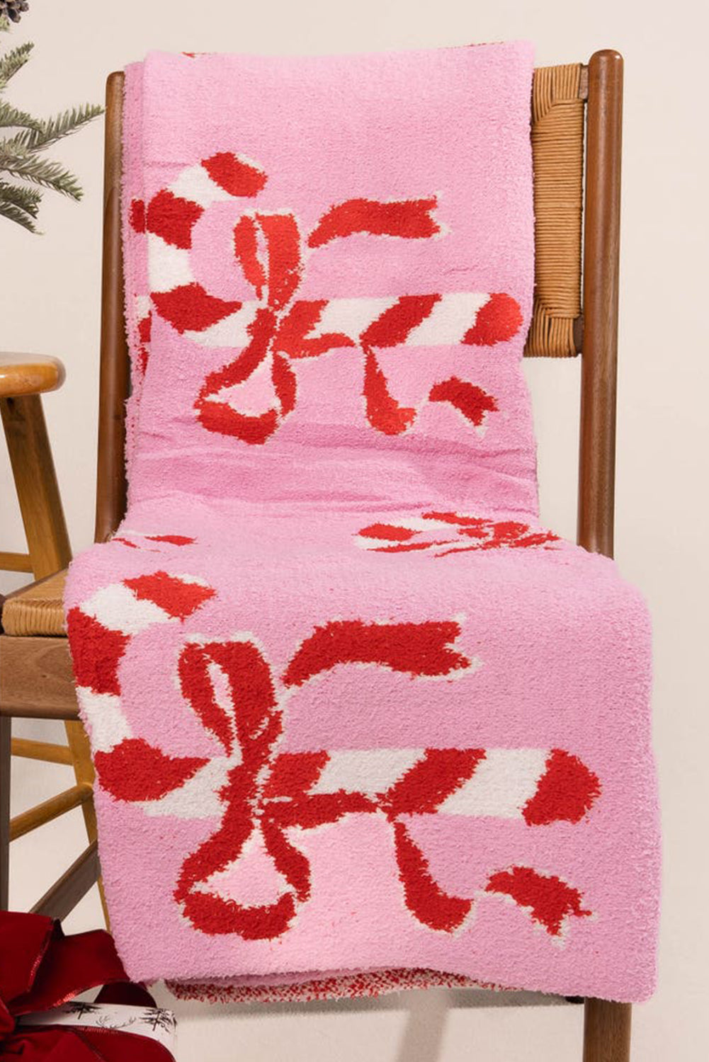 Bright Pink Bow Candy Cane Pattern Soft Fleece Blanket