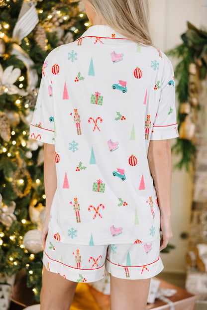 White Christmas Print Short Sleeve Shirt and Shorts Pajama Set