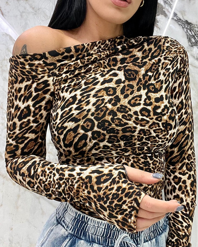 Leopard Print Cold Shoulder Slim Fit Long Sleeve Tee Casual Top