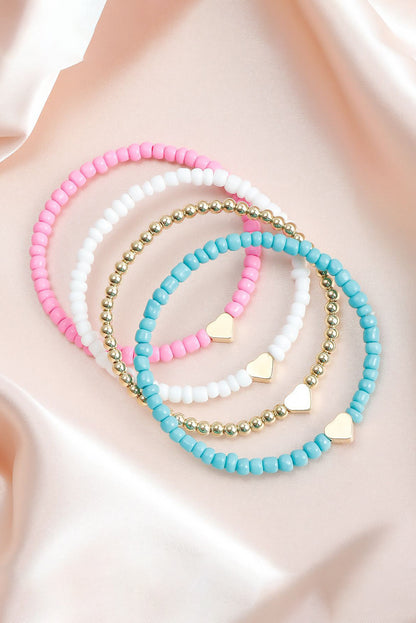 Pink Heart Beaded Multi Layered Bracelet Set