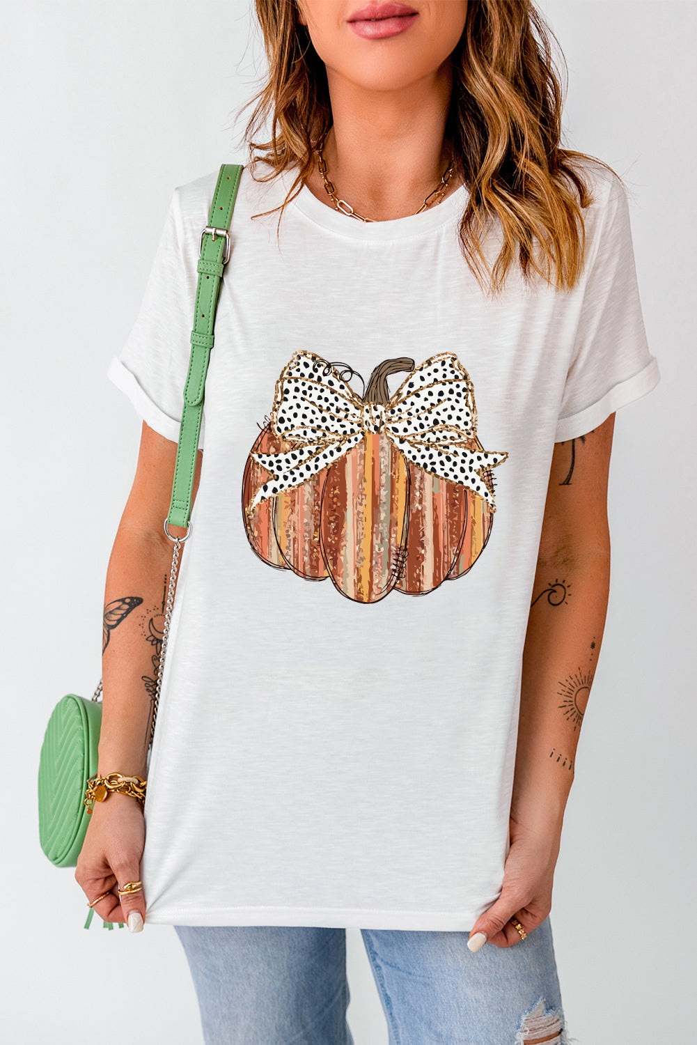 White Thanksgiving Bow Knot Pumpkin Print Round Neck T Shirt