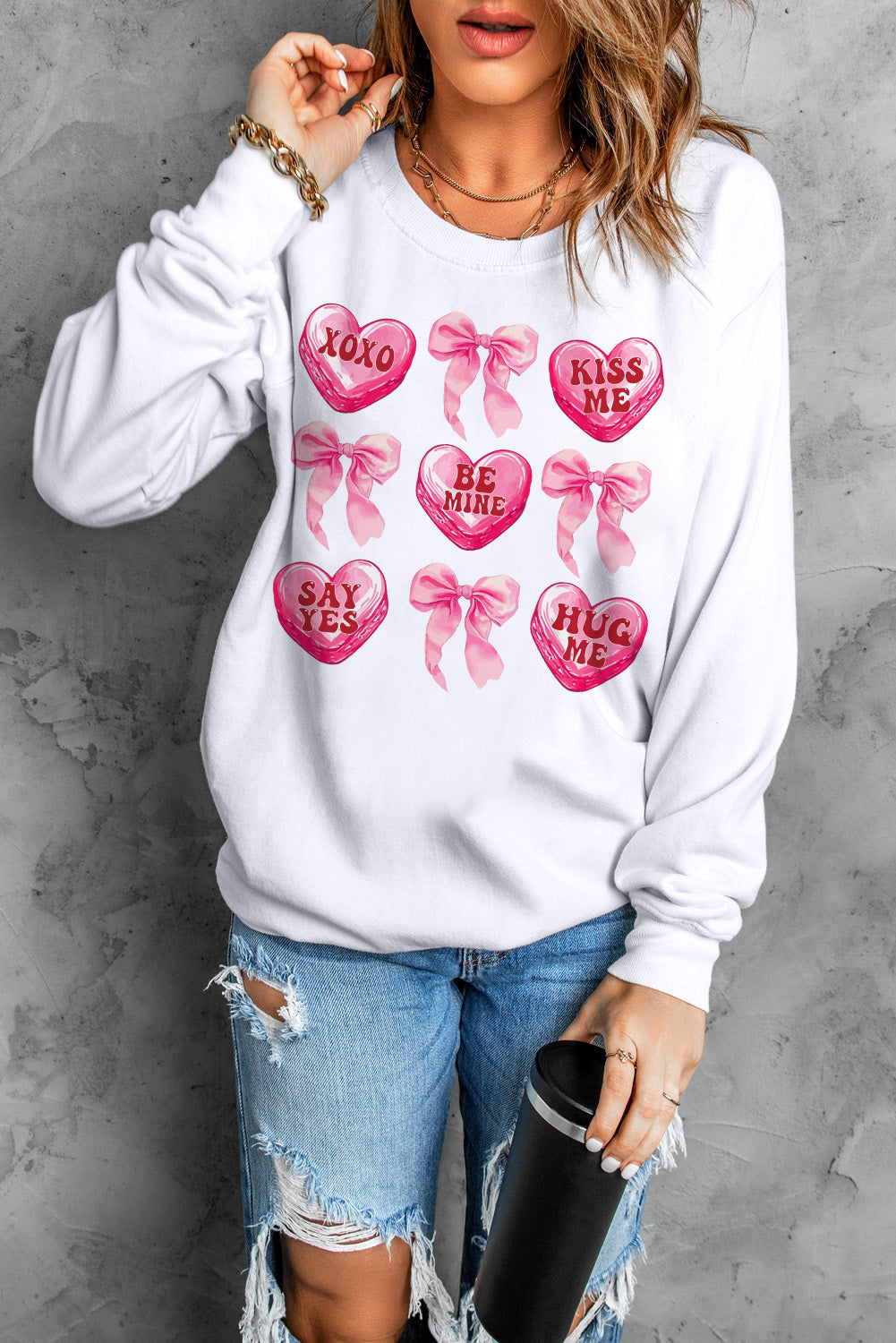 White Valentine Candy Heart & Bow Graphic Sweatshirt