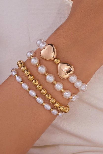 Gold Heart Pearl Plated Beaded Elastic Bracelet Set