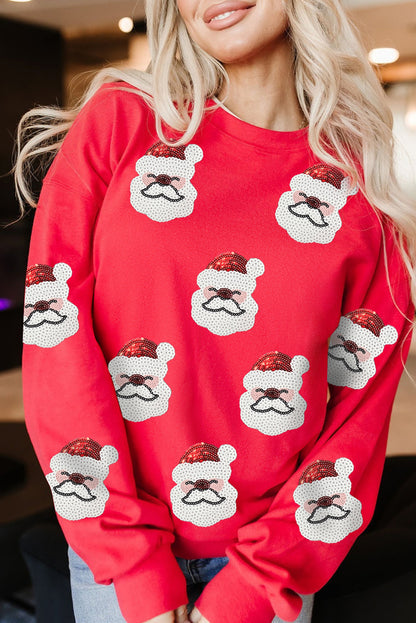 Red Sequin Santa Clause Patched Christmas Pullover Sweatshirt