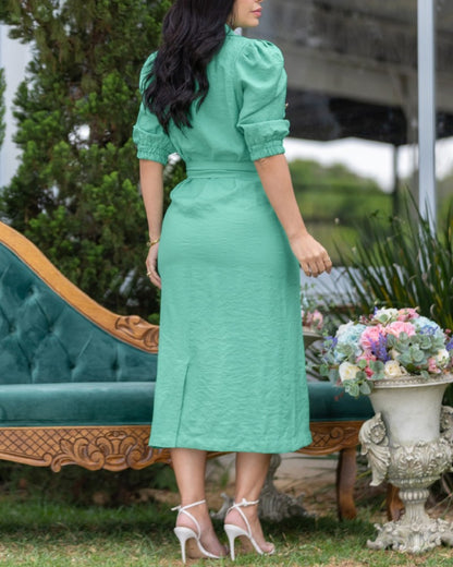 Turn down Collar Puff Sleeve Button Front Midi Dress Casual Pocket Design A Line Dress with Belt