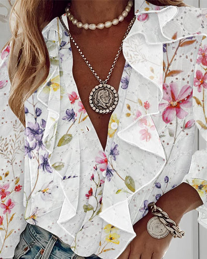 Floral Print Plunge Eyelet Embroidery Blouse Ruffles Long Sleeve Button Design Casual Shirts