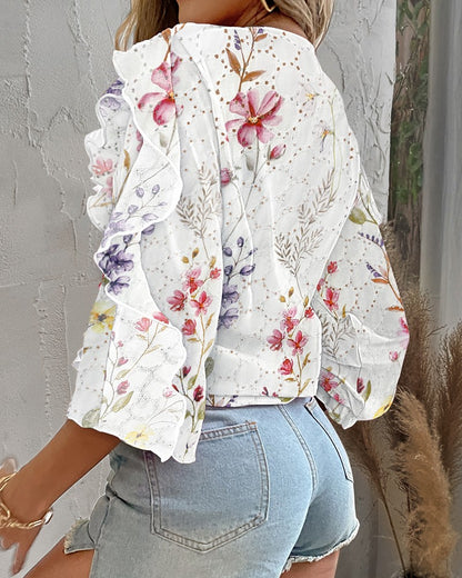 Floral Print Plunge Eyelet Embroidery Blouse Ruffles Long Sleeve Button Design Casual Shirts