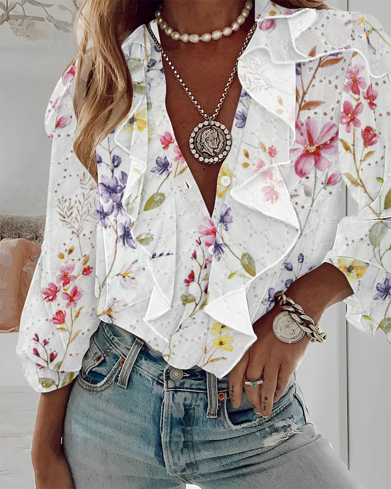 Floral Print Plunge Eyelet Embroidery Blouse Ruffles Long Sleeve Button Design Casual Shirts