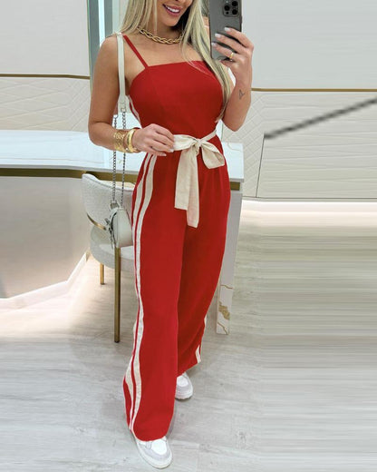 Striped Sleeveless Tied Detail Jumpsuits Spaghetti Strap Casual Wide Leg Rompers