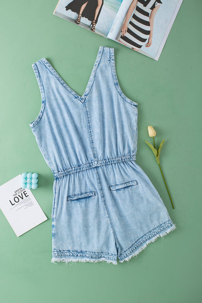 Beau Blue Studded V Neck Raw Hem Sleeveless Denim Romper