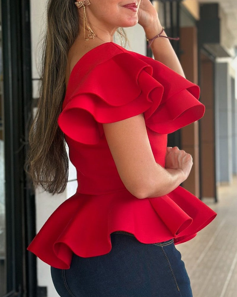 Skew Neck Slim Fit Ruffles Design Flutter Sleeve Blouse Elegant Top