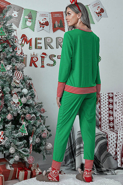 Dark Green Christmas Striped Contrast Two Piece Lounge Set