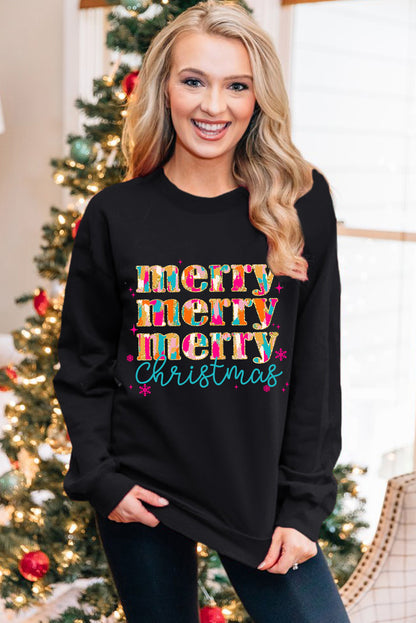 Black Merry Christmas Painted Crew Neck Graphic Sweatshirt