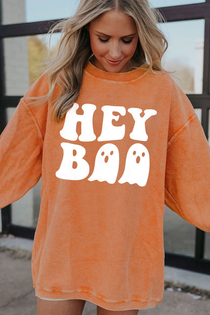 Orange Halloween Hey Boo Ghost Print Loose Sweatshirt