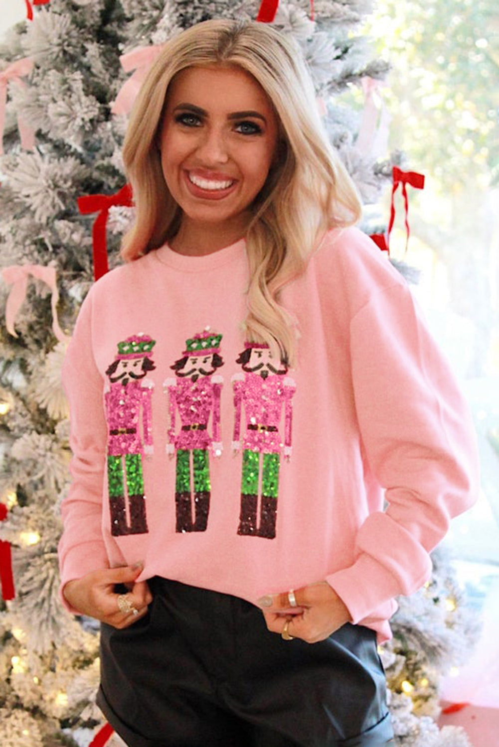 Pink Christmas Nutcracker Patched Pattern Drop Shoulder Sweatshirt