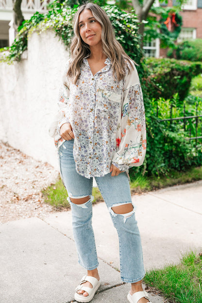 Purple Boho Floral Bishop Sleeve Button Up Loose Shirt