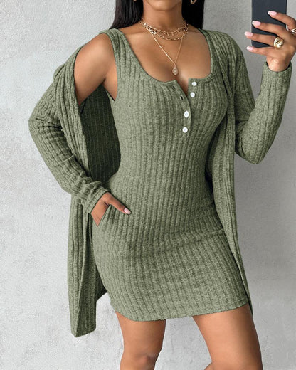 Pocket Design Buttoned Ribbed Casual Dress & Long Sleeve Open Front Coat