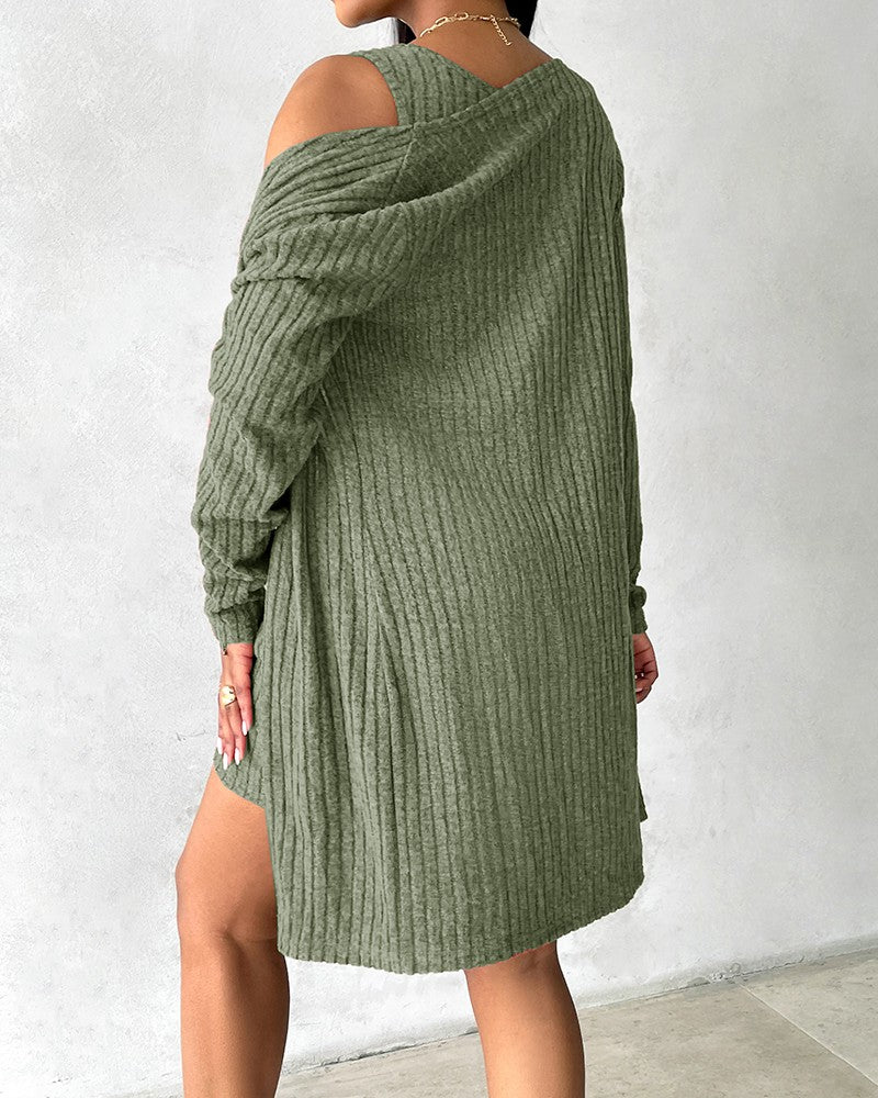 Pocket Design Buttoned Ribbed Casual Dress & Long Sleeve Open Front Coat