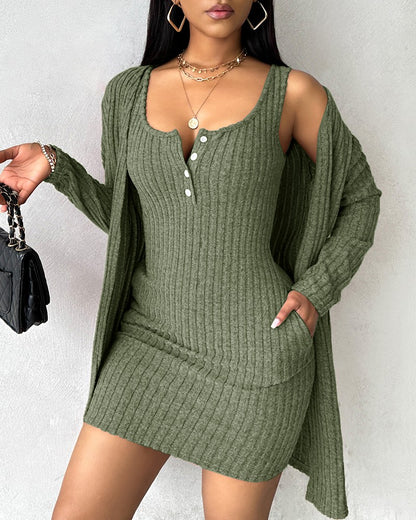 Pocket Design Buttoned Ribbed Casual Dress & Long Sleeve Open Front Coat