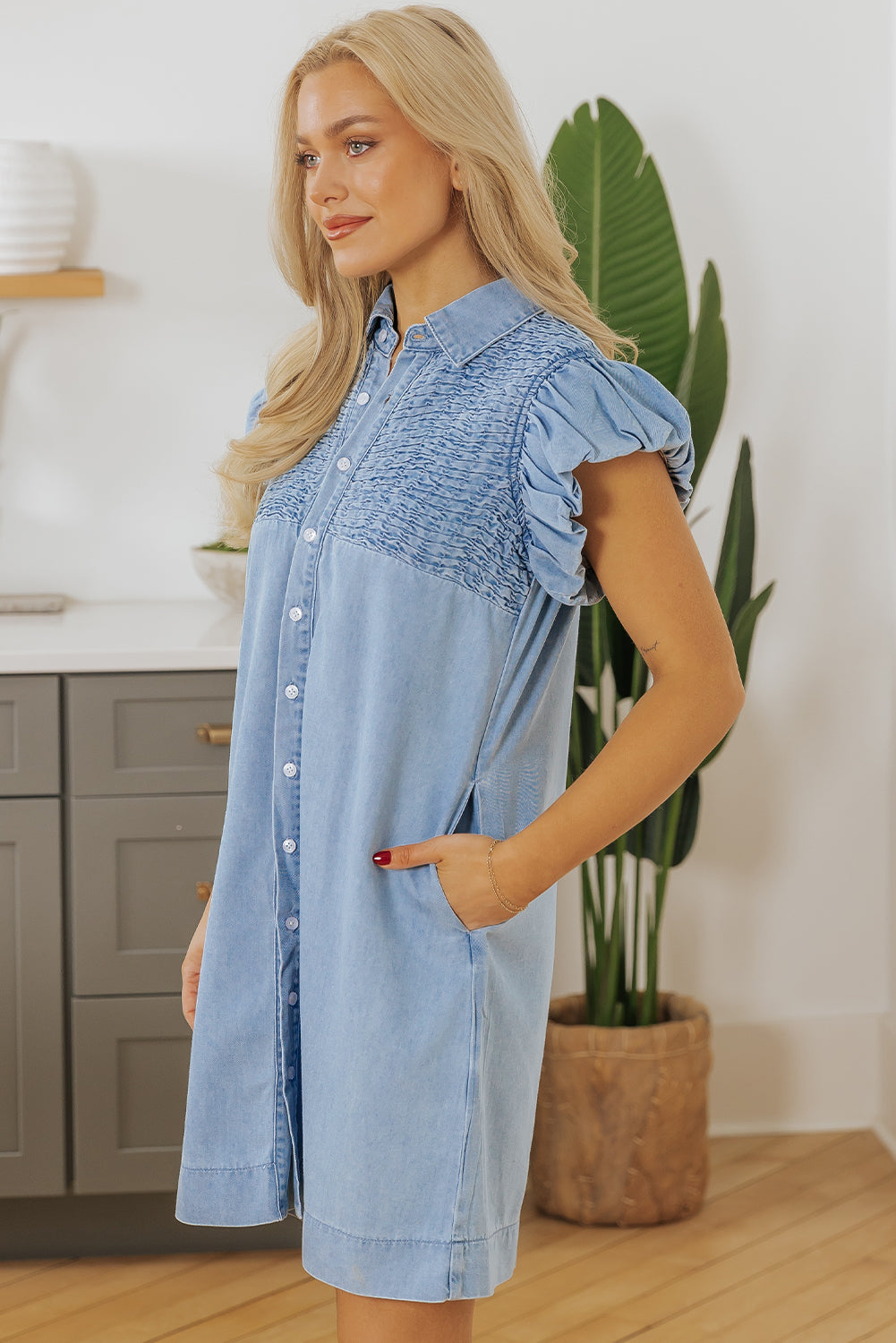 Beau Blue Flutter Sleeve Shirred Detail Button Up Denim Mini Dress